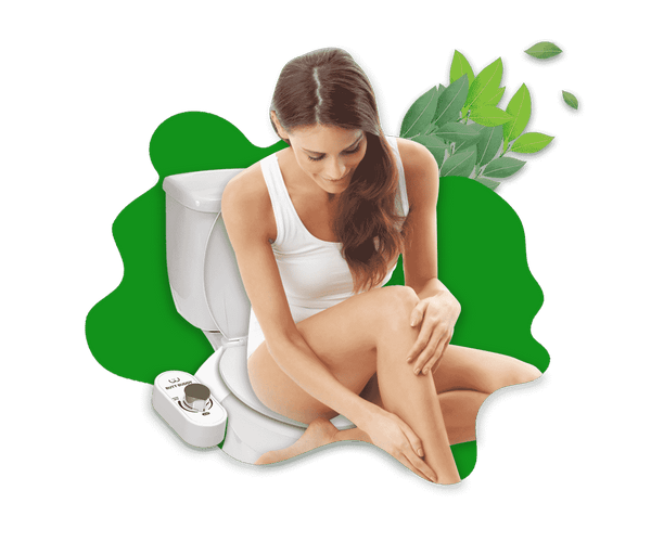 Butt Buddy Duo Bidet Toilet Attachment Rear and Front Fresh Water Sprayer Product Listing Banner Image Attached To Toilet Person Sitting On Toilet With Leaves In My Bathroom IMB