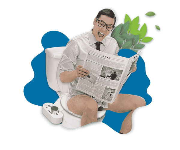 Butt Buddy Bidet Toilet Attachment Fresh Water Sprayer Product Listing Banner Image Attached To Toilet Person Sitting On Toilet Reading Newspaper With Leaves In My Bathroom IMB