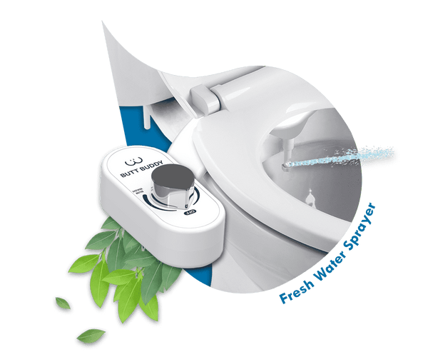 Butt Buddy Bidet Toilet Attachment Fresh Water Sprayer Product Listing Banner Image Attached To Toilet Nozzle Spraying With Leaves In My Bathroom IMB
