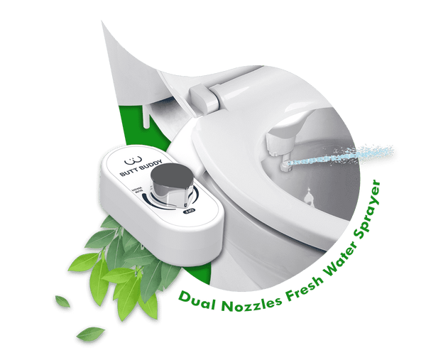 Butt Buddy Duo Bidet Toilet Attachment Rear and Front Fresh Water Sprayer Product Listing Banner Image Attached To Toilet Nozzle Spraying With Leaves In My Bathroom IMB