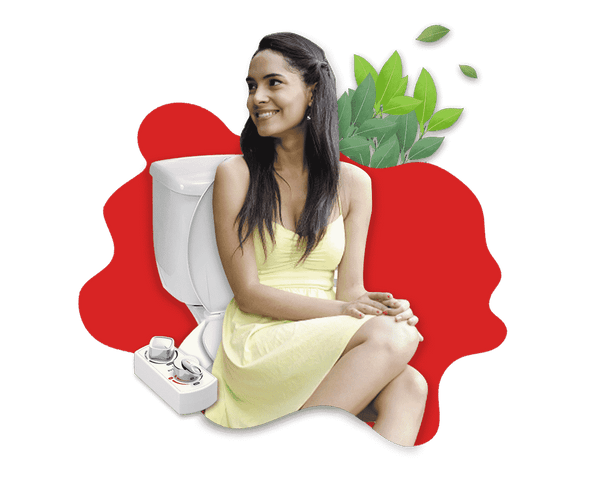 Butt Buddy Spa Bidet Toilet Attachment Warm and Cool Fresh Water Sprayer Product Listing Banner Image Attached To Toilet Person Sitting On Toilet With Leaves In My Bathroom IMB