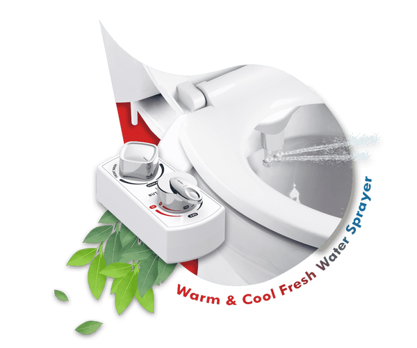 Butt Buddy Spa Bidet Toilet Attachment Warm and Cool Fresh Water Sprayer Product Listing Banner Image Attached To Toilet Nozzle Spraying With Leaves In My Bathroom IMB