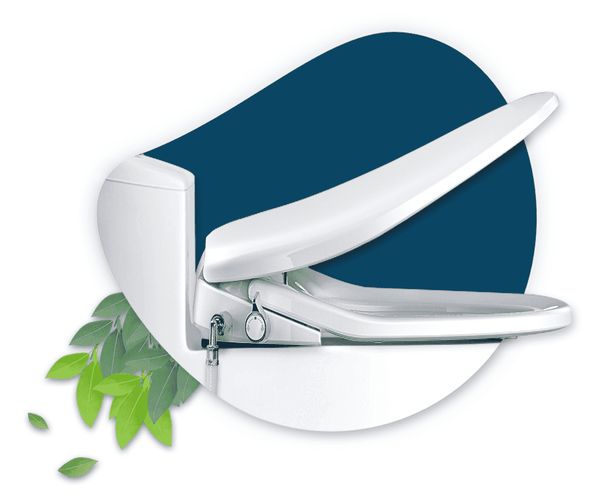 Butt Buddy Suite Smart Bidet Toilet Seat Attachment Warm and Cool Fresh Water Sprayer Product Listing Banner Image Attached To Toilet Side Control View Lid Raised Half Way With Leaves In My Bathroom IMB