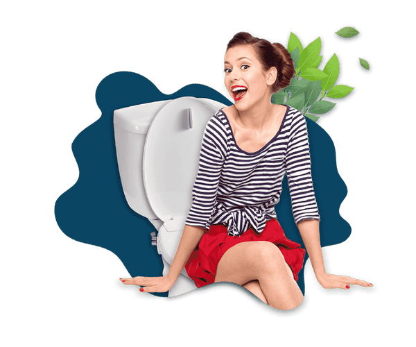 Butt Buddy Suite Smart Bidet Toilet Seat Attachment Warm and Cool Fresh Water Sprayer Product Listing Banner Image Attached To Toilet Person Sitting On Toilet With Leaves In My Bathroom IMB