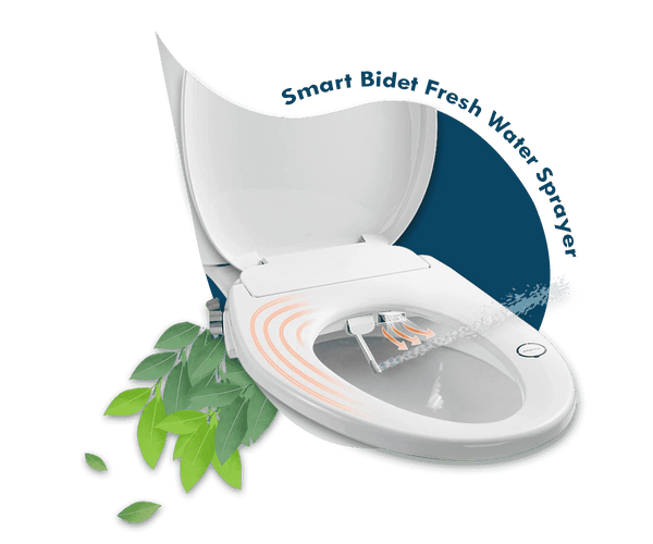 Butt Buddy Suite Smart Bidet Toilet Seat Attachment Warm and Cool Fresh Water Sprayer Product Listing Banner Image Attached To Toilet Nozzle Spraying With Leaves In My Bathroom IMB